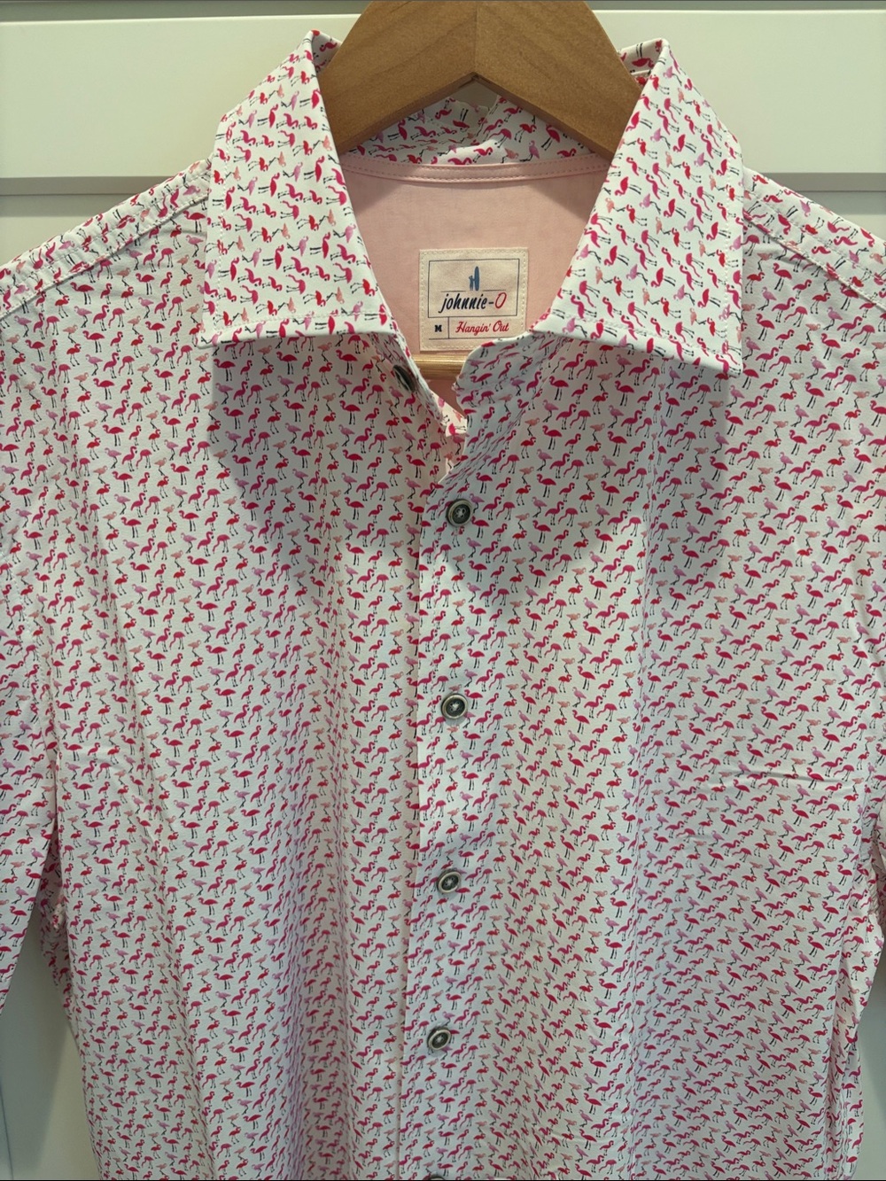 NWOT Johnnie-O Short-Sleeve Button-Up Shirt in White with Flamingo Print